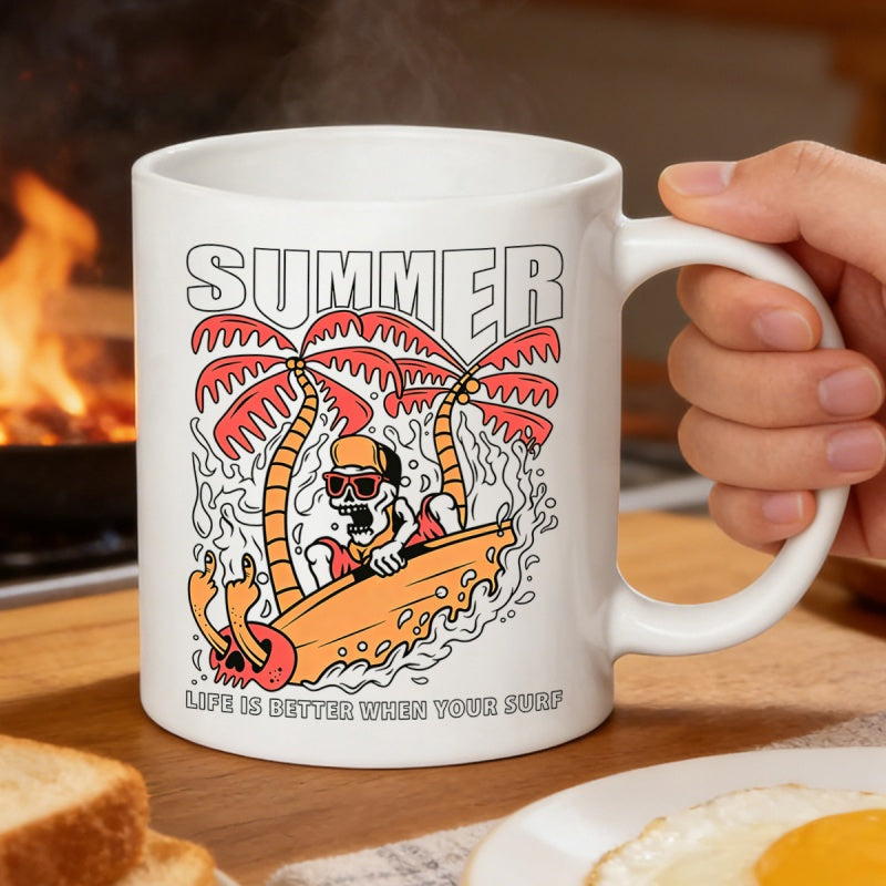 Tailorly White Ceramic 11 oz Mug - Summer Life Is Better When Your Surf Cartoon Skeleton Surfing On Large Waves Under Red Palm Trees Skull