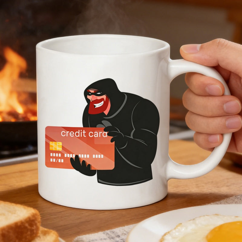 Tailorly White Ceramic 11 oz Mug - Credit Card Mysterious Hooded Thief Holding A Giant Red Card For Cyber Security Thief