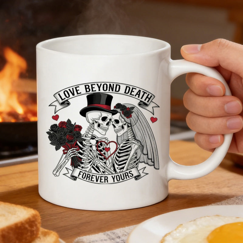Tailorly White Ceramic 11 oz Mug - Love Beyond Death Forever Yours Intricate Skeleton Couple With Roses And Hearts In A Gothic Wedding Skeleton