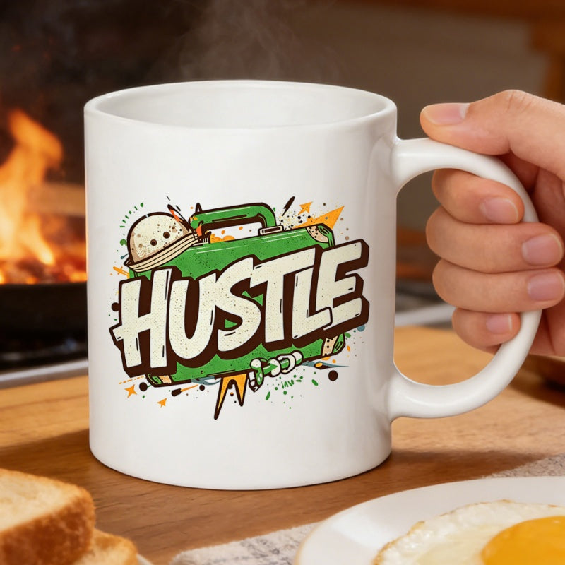 Tailorly White Ceramic 11 oz Mug - Hustle Vibrant Green Briefcase Surrounded By Dynamic Splashes And Graffiti Details Briefcase