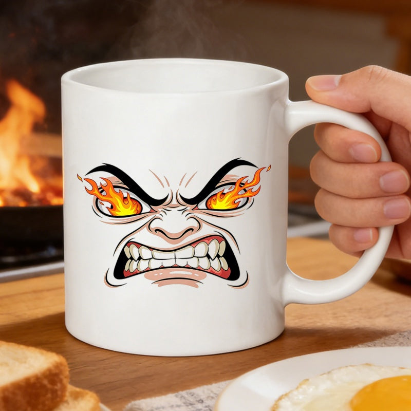 Tailorly White Ceramic 11 oz Mug - Intense Expression With Fierce Orange Flames Inside Glowing Eyes Face
