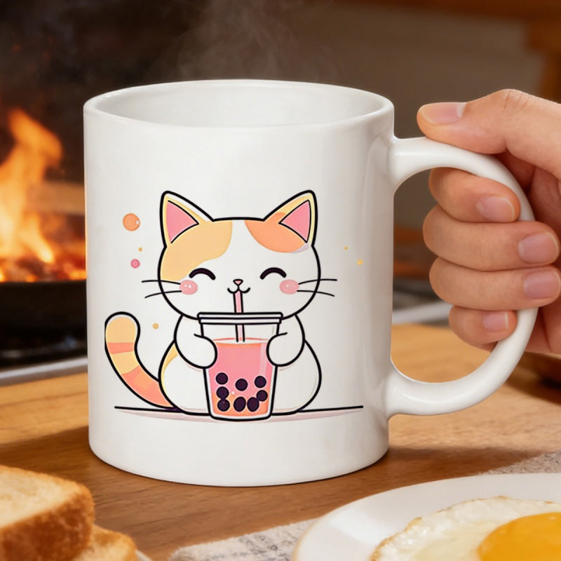 Tailorly White Ceramic 11 oz Mug - Adorable Kawaii Calico Sipping Pink Refreshing Boba Pearl Milk Tea Cat