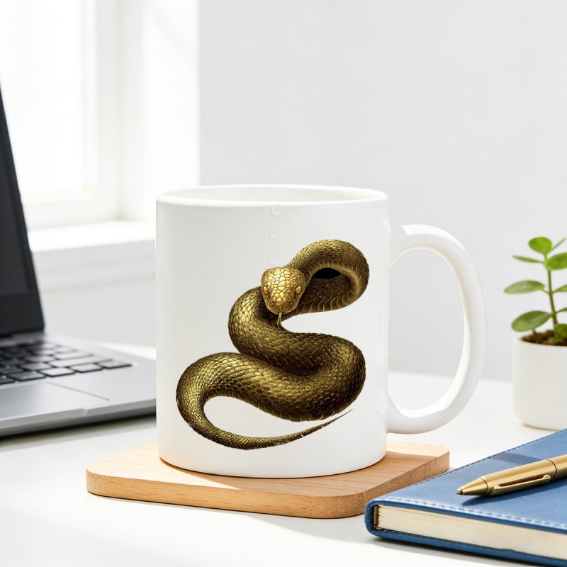 Tailorly White Ceramic 11 oz Mug - Majestic Coiled Golden Brown Python With Highly Detailed Realistic Scales Snake