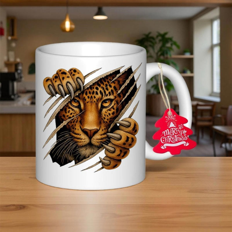 Tailorly White Ceramic 11 oz Mug - Merry Christmas Fierce Golden Wild Animal Peering Through Realistic Torn Metal Surface Leopard