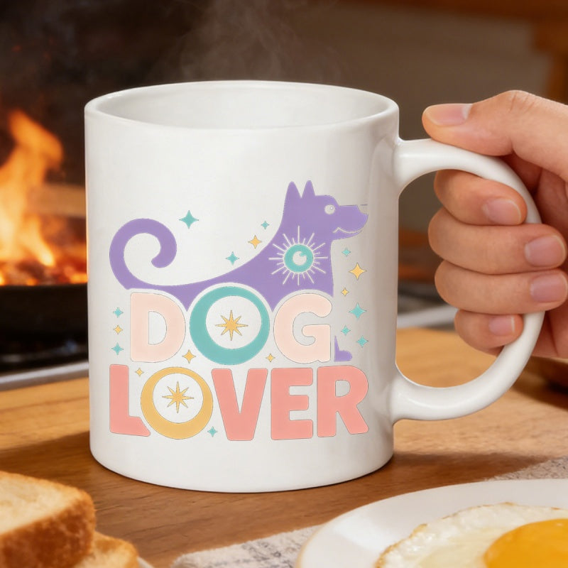 Tailorly White Ceramic 11 oz Mug - Dog Lover Vibrant Pastel Silhouette With Twinkling Stars And Radiant Sun Icons Dog