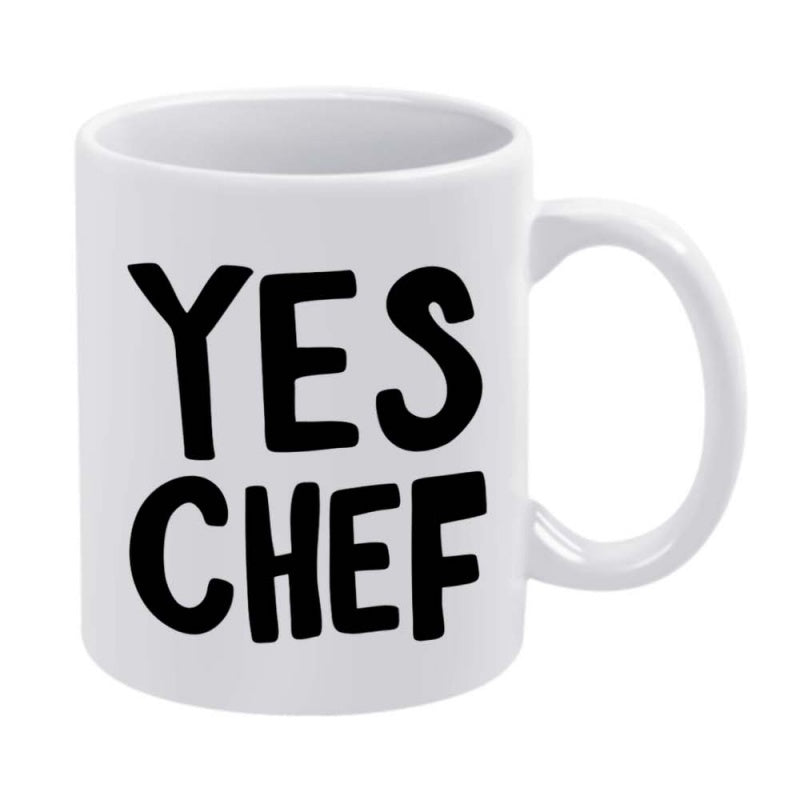 Tailorly White Ceramic 11 oz Mug - Yes Chef Bold Black Minimalist Hand Lettered Script Over A Plain White Surface Mug