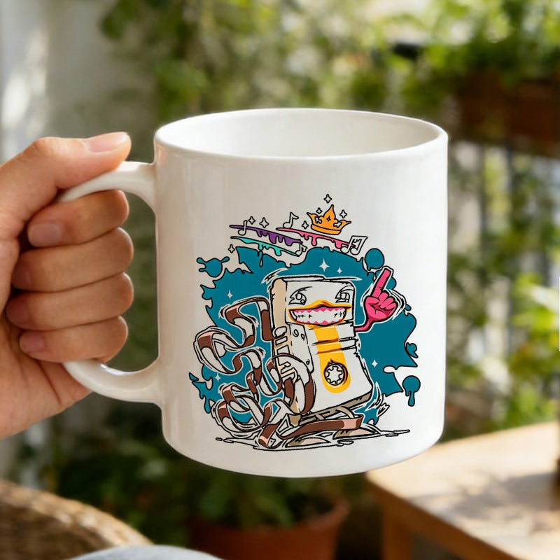 Tailorly White Ceramic 11 oz Mug - Vibrant Graffiti Style Cassette Character Wearing A Crown With Splashing Blue Ink Mug
