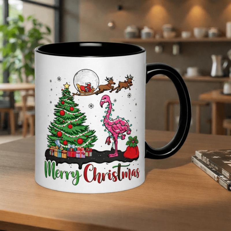Tailorly Black Accent 11 oz Mug - festive flamingo sleigh reindeer