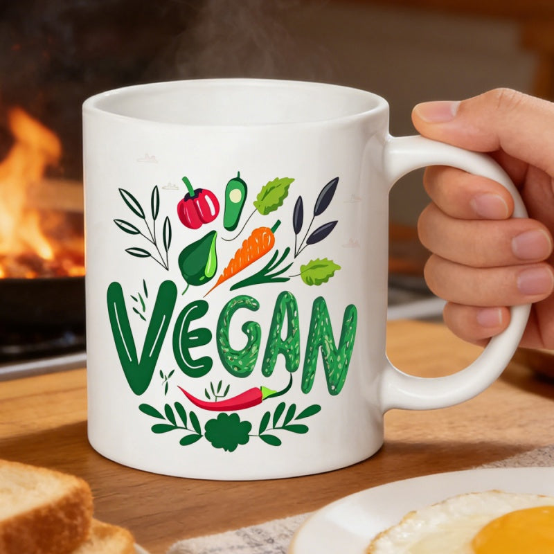 Tailorly White Ceramic 11 oz Mug - Vegan Vibrant Organic Garden Produce Surrounded By Fresh Green Leafy Vegetable