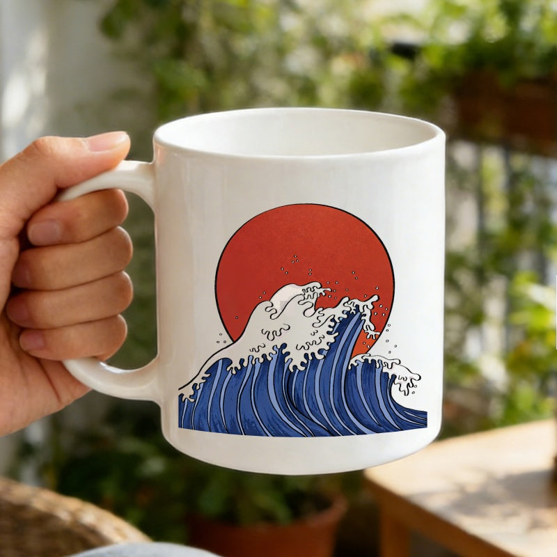 Tailorly White Ceramic 11 oz Mug - Traditional Blue Japanese Art Style Sun Behind A Large Rising Wave