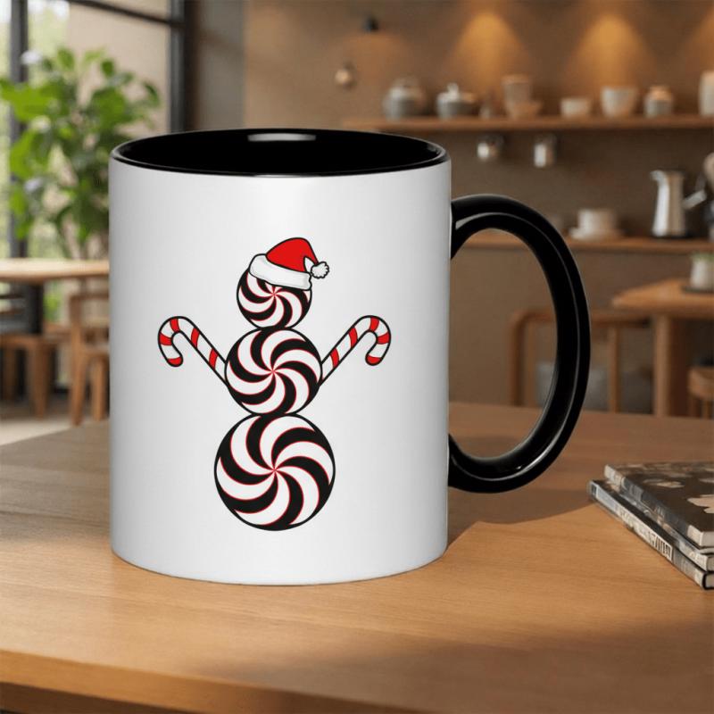 Tailorly Black Accent 11 oz Mug - snowman wearing a santa hat and holding candy cane