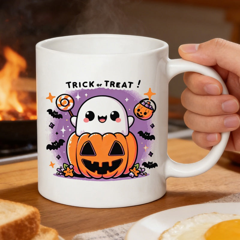 Tailorly White Ceramic 11 oz Mug - Trick Or Treat Adorable Small White Ghost Sitting Inside Carved Orange Pumpkin Ghost
