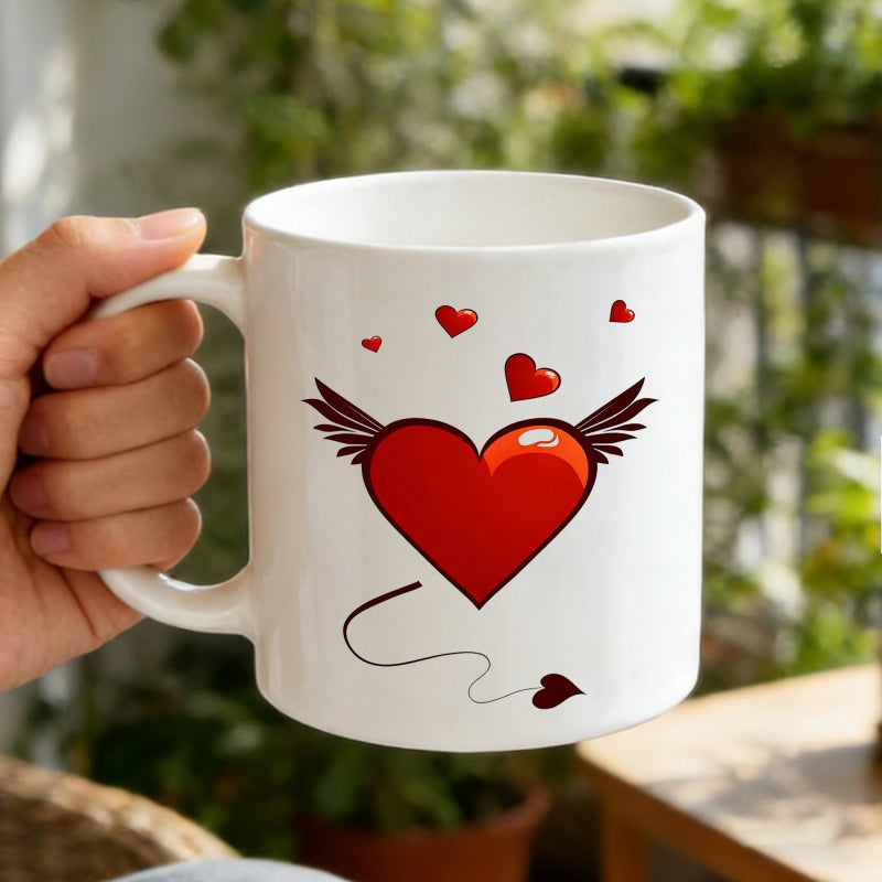 Tailorly White Ceramic 11 oz Mug - Majestic Red Winged Motif Floating Among Delicate Small Crimson Hearts Heart