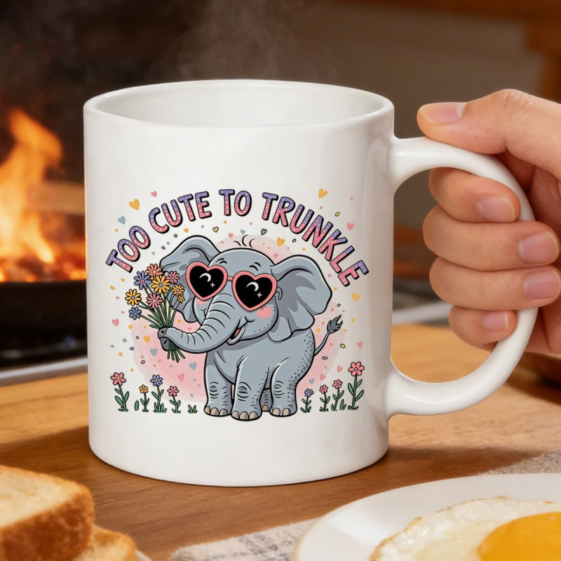 Tailorly White Ceramic 11 oz Mug - Too Cute To Trunkle Smiling Cartoon Animal Wearing Heart Shaped Sunglasses Holding Colorful Flower Bouquet Elephant