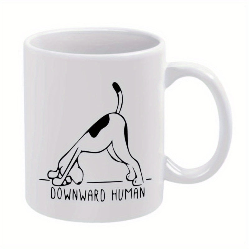 Tailorly White Ceramic 11 oz Mug - Downward Human Minimalist Black Line Art Of Cute Spotted Hound Performing Yoga Dog