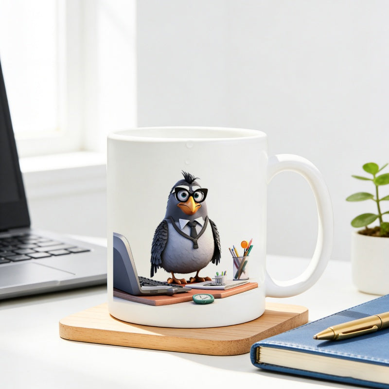 Tailorly White Ceramic 11 oz Mug - Animated Professional Crow Wearing Business Suit Working At Office Desk Laptop Bird