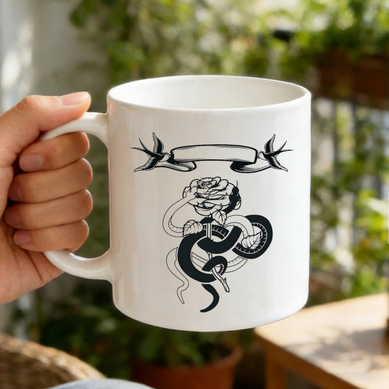 Tailorly White Ceramic 11 oz Mug - Vintage Old School Tattoo Style Blooming Rose With Swallows Carrying Ribbon Snake