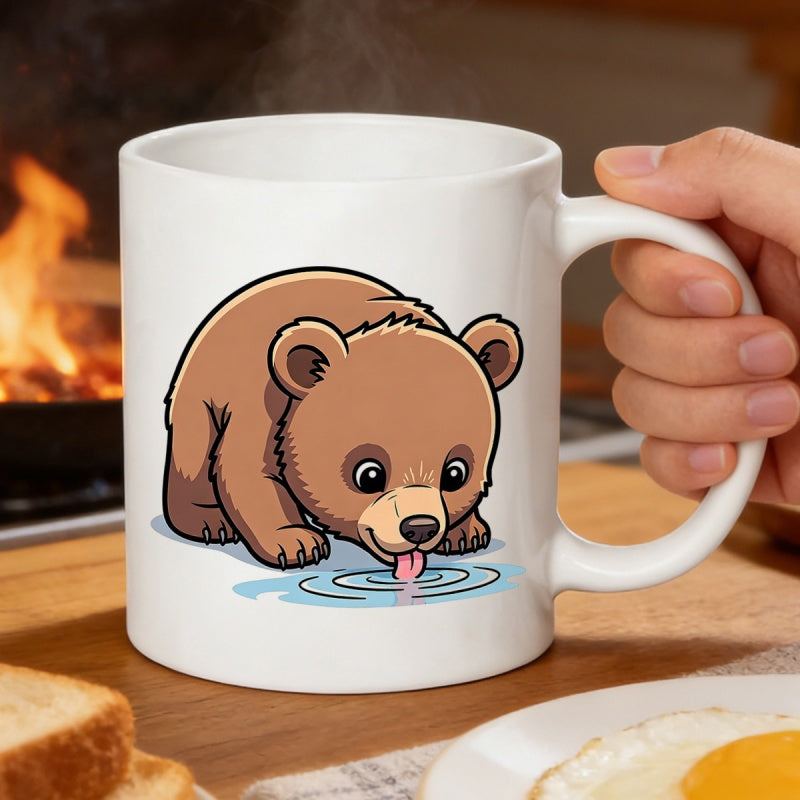 Tailorly White Ceramic 11 oz Mug - Adorable Brown Cub Drinking Cool Water From A Rippling Blue Pool Bear