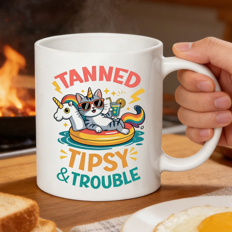 Tailorly White Ceramic 11 oz Mug - Tanned Tipsy Trouble Adorable Grey Cat Sunbathing On A Colorful Rainbow Unicorn Swimming Ring Cat
