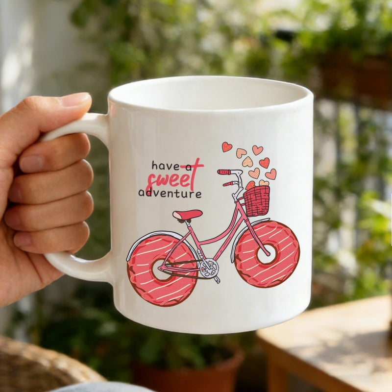 Tailorly White Ceramic 11 oz Mug - Have A Sweet Adventure Whimsical Pink Frame With Donut Wheels And Floating Hearts Bicycle
