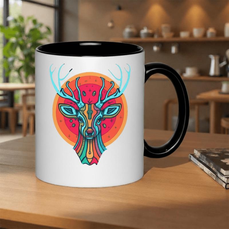 Tailorly Black Accent 11 oz Mug - abstract deer head with colorful antlers and geometric patterns