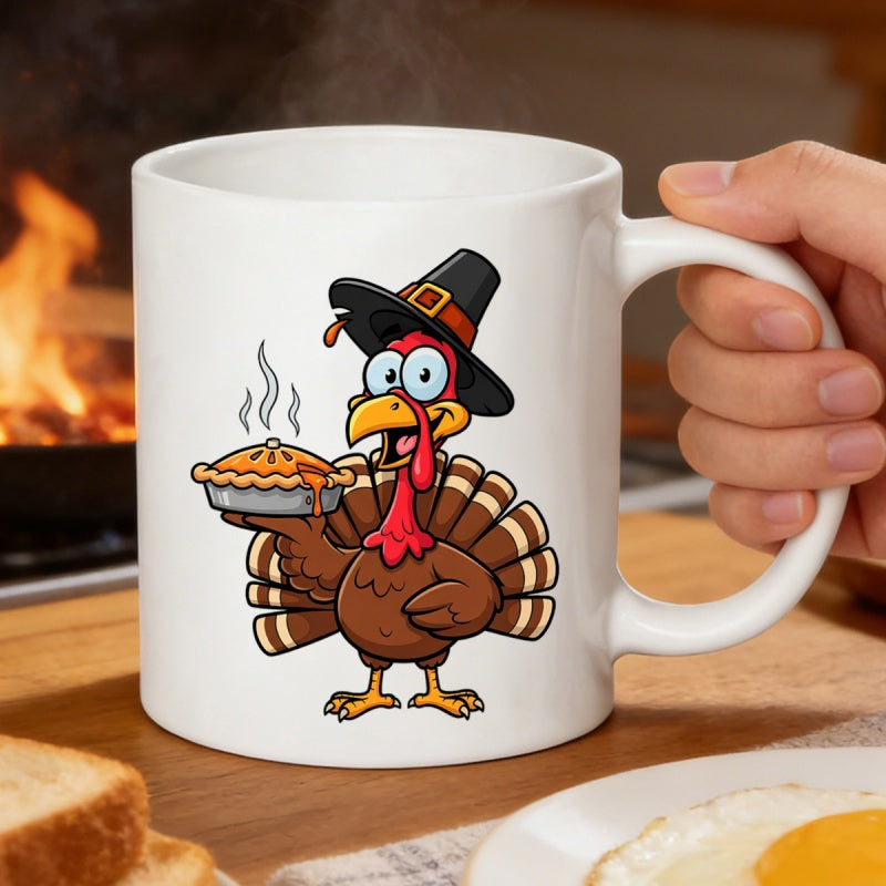 Tailorly White Ceramic 11 oz Mug - Cheerful Cartoon Character Wearing Pilgrim Hat Holding Steaming Hot Pie Turkey
