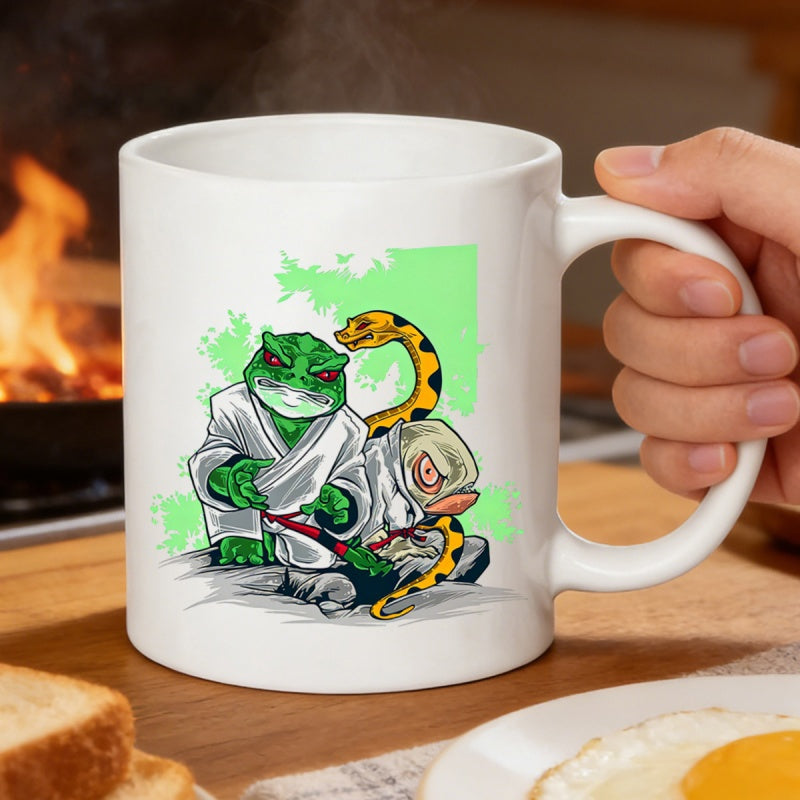 Tailorly White Ceramic 11 oz Mug - Determined Green Martial Arts Toad Wearing Gi With Yellow Spotted Snake Frog