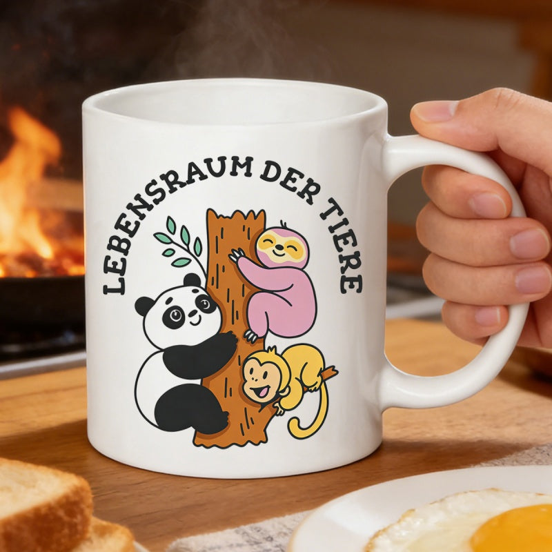 Tailorly White Ceramic 11 oz Mug - Adorable Cartoon Panda Sloth And Monkey Climbing A Brown Tree Trunk Animals