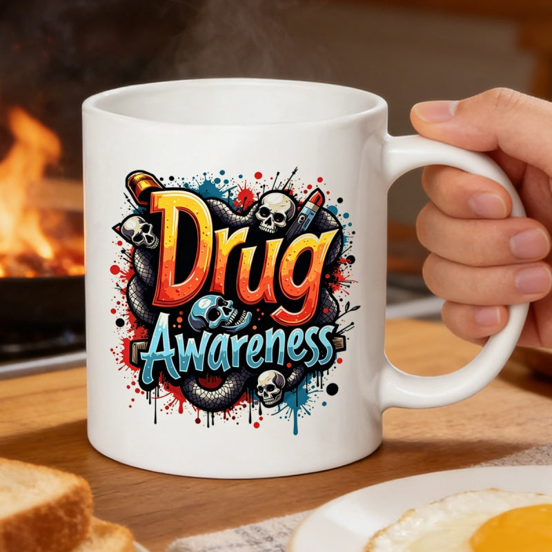 Tailorly White Ceramic 11 oz Mug - Drug Awareness Vibrant Street Art Style With Colorful Splashes And Symbolic Elements Skull