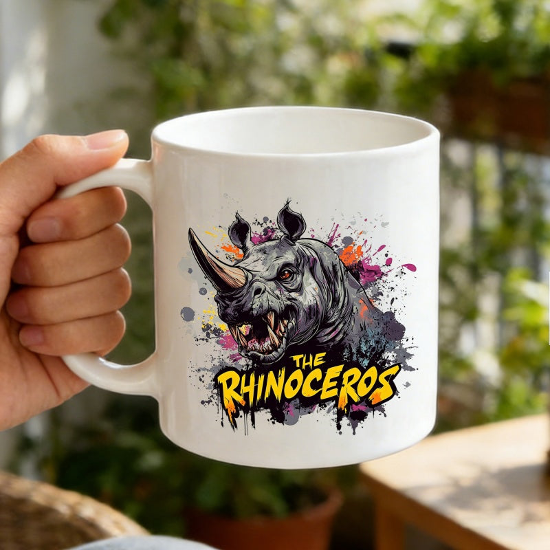 Tailorly White Ceramic 11 oz Mug - The Rhinoceros Fierce Animal Head Surrounded By Artistic Colorful Splashes Rhinoceros