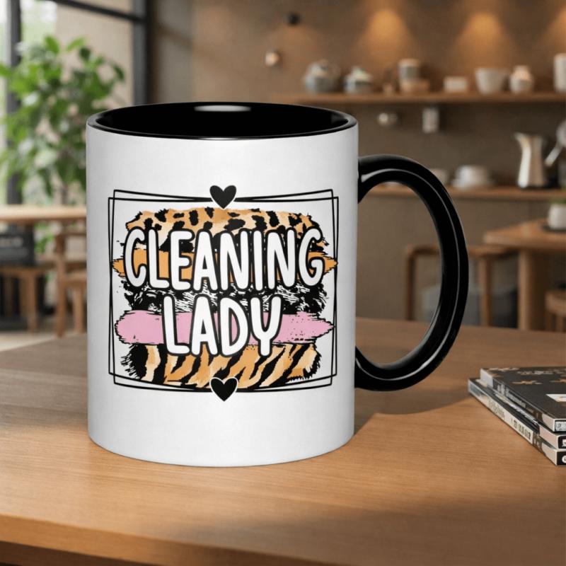 Tailorly Black Accent 11 oz Mug - and fabulous cleaning lady with a tiger print