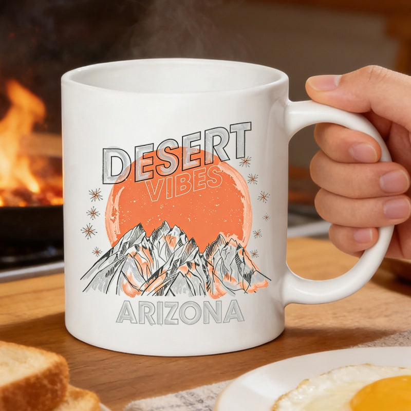 Tailorly White Ceramic 11 oz Mug - Desert Vibes Arizona Scenic Orange Sun Setting Behind Majestic Snow Peaked Line Art Style Mountains