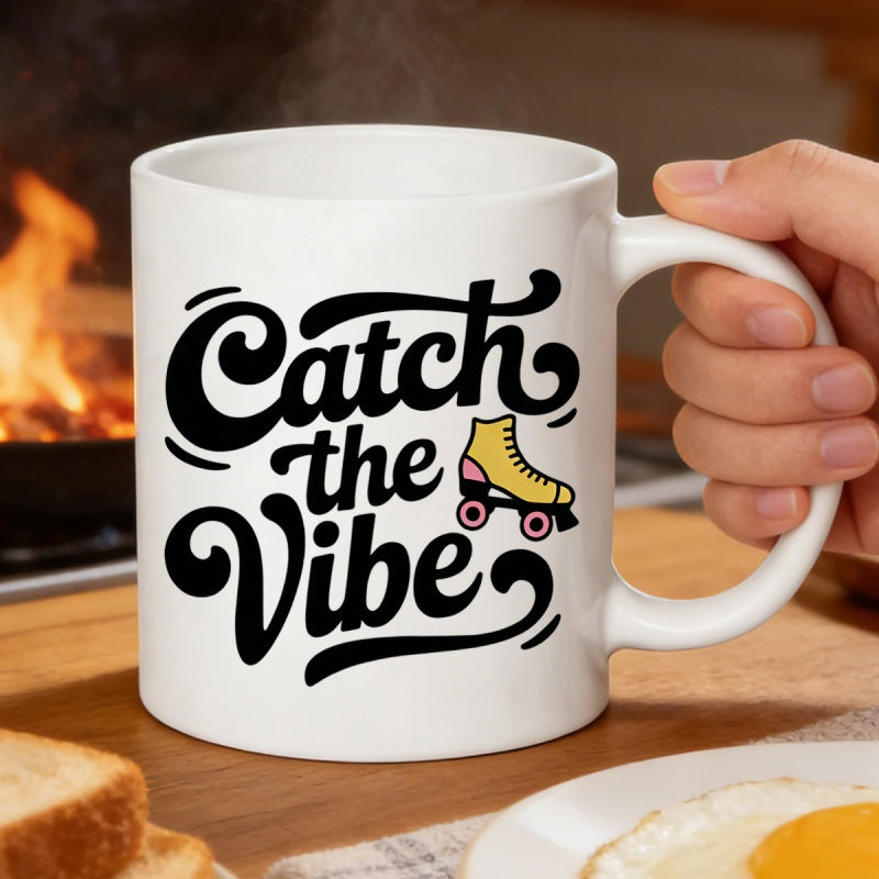 Tailorly White Ceramic 11 oz Mug - Catch The Vibe Vintage Colorful Roller Boot Featuring Bright Yellow And Pink Accents Skate