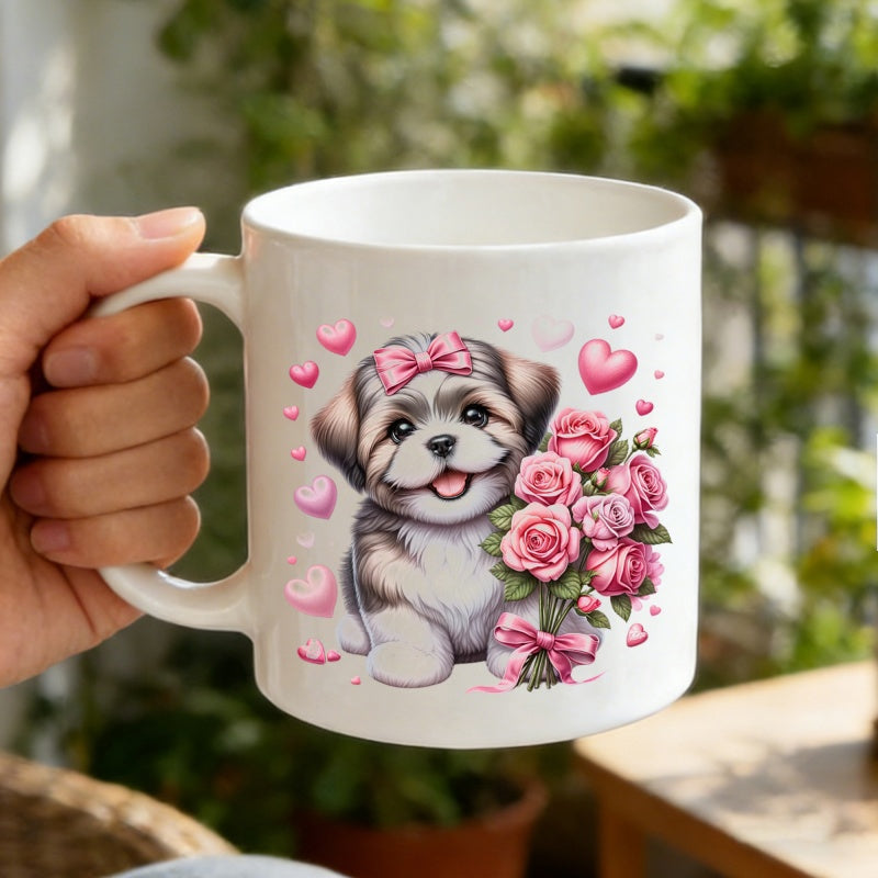 Tailorly White Ceramic 11 oz Mug - Adorable Cartoon Fluffy Dog With Pink Bow And Heart Petals Puppy