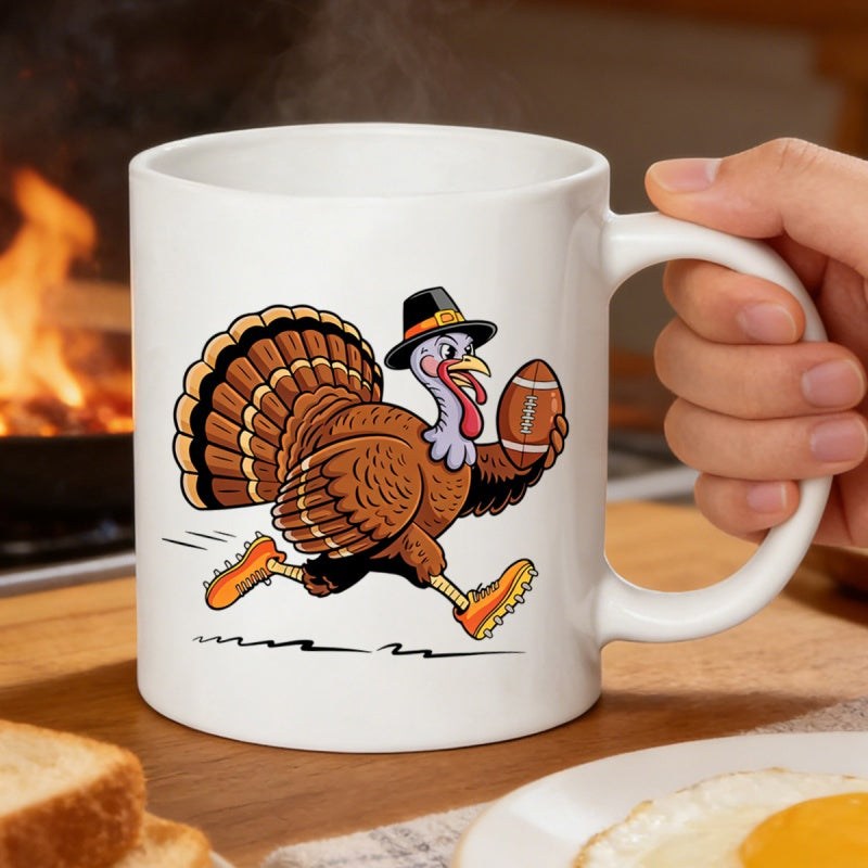 Tailorly White Ceramic 11 oz Mug - Festive Cartoon Turkey Wearing Pilgrim Hat And Football Cleats Running Swiftly Turkey