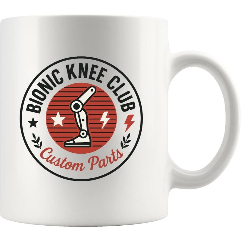 Tailorly White Ceramic 11 oz Mug - Bionic Knee Club Custom Parts Industrial Mechanical Prosthetic Design Surrounded By Bold Red Circular Emblem Robotic Leg