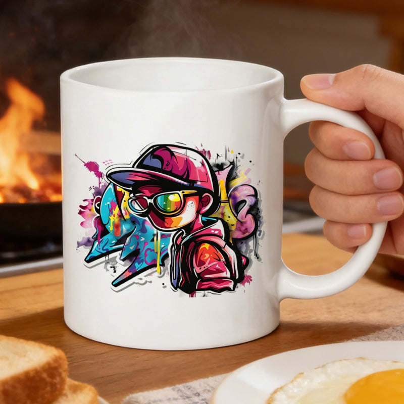 Tailorly White Ceramic 11 oz Mug - Vibrant Colorful Graffiti Style Urban Character Wearing A Cap And Sunglasses Boy