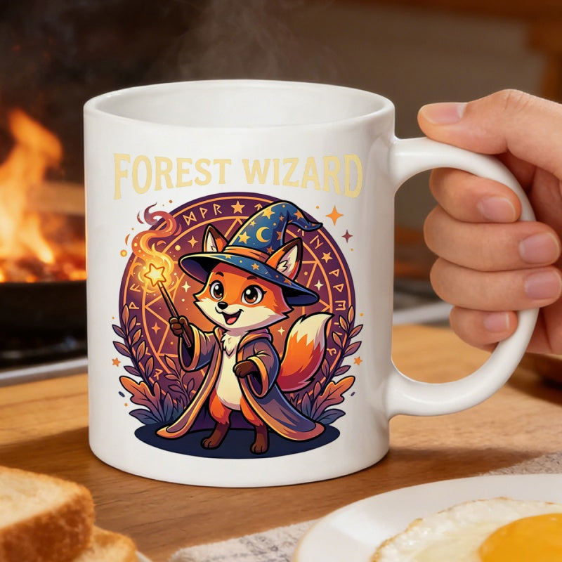 Tailorly White Ceramic 11 oz Mug - Forest Wizard Charming Little Creature Wearing Magic Hat Holding Glowing Wand Within Runes Fox