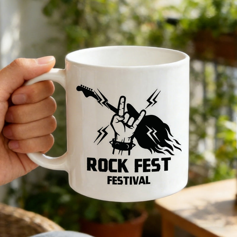 Tailorly White Ceramic 11 oz Mug - Rock Fest Festival Electric Guitar With Rock Sign Gesture Among Lightning Bolts And Flames Guitar
