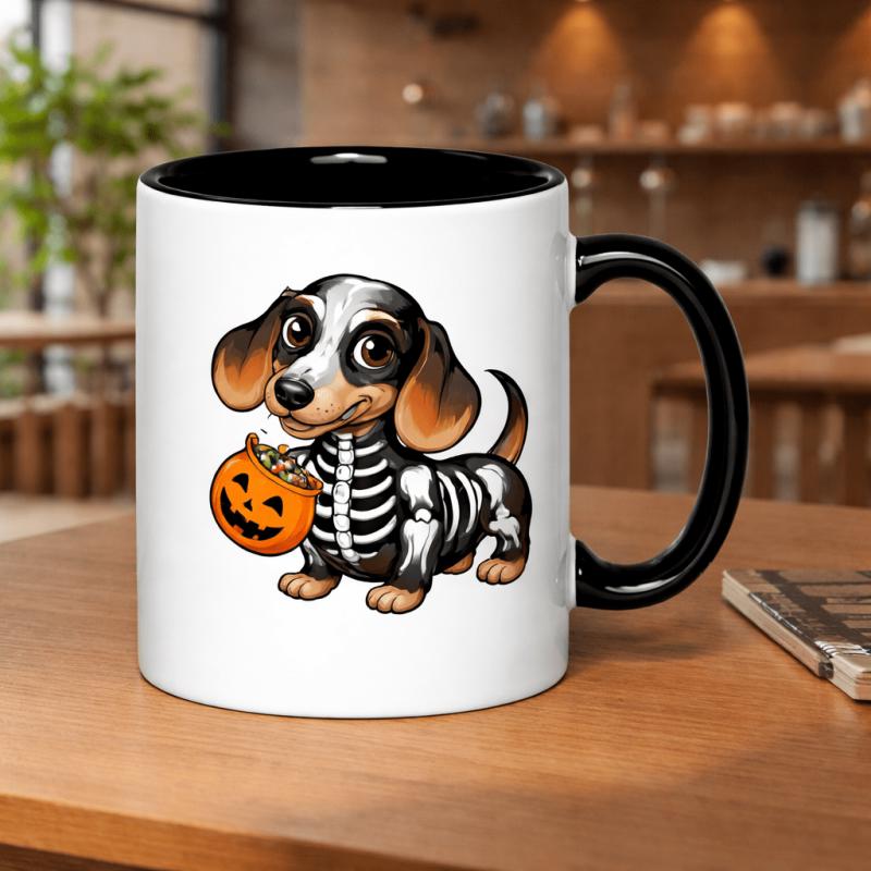 Tailorly Black Accent 11 oz Mug - dachshund dressed as a skeleton with a candy bucket