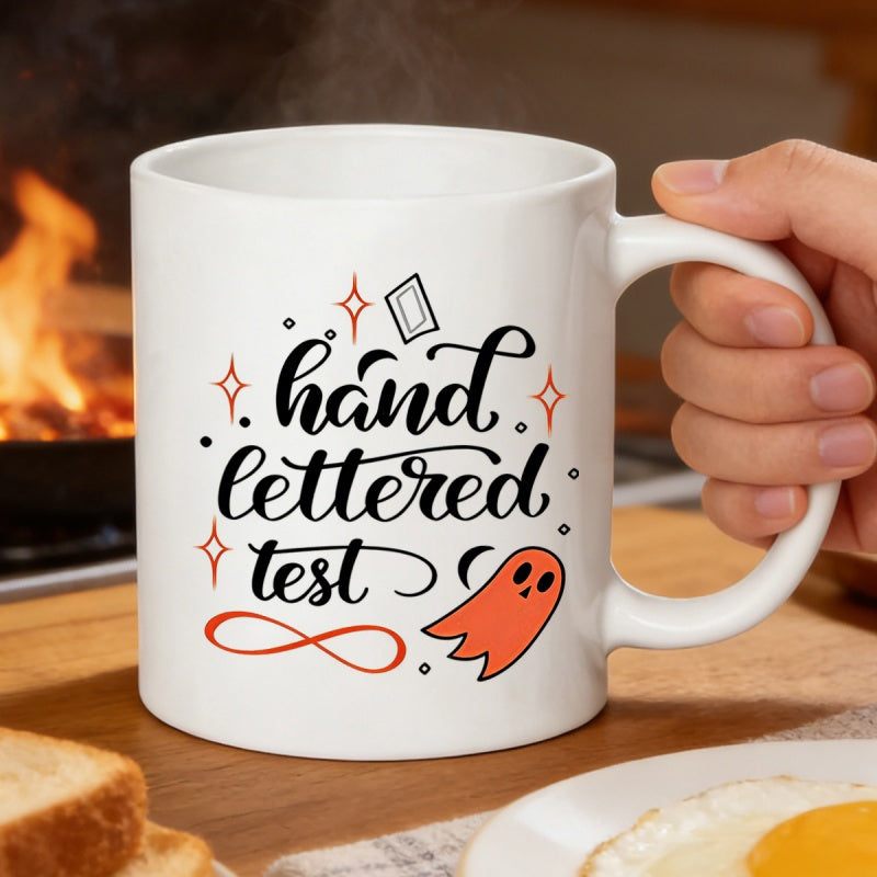 Tailorly White Ceramic 11 oz Mug - Hand Lettered Test Small Friendly Orange Floating Among Decorative Stars And Twinkling Shapes Ghost