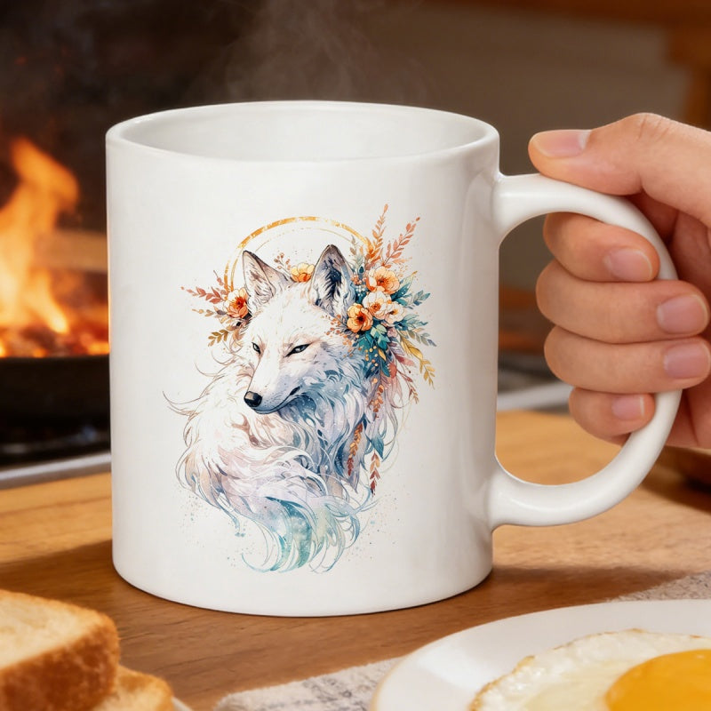 Tailorly White Ceramic 11 oz Mug - Elegant Watercolor Flowers Blooming Around A Beautiful Majestic Wild Wolf