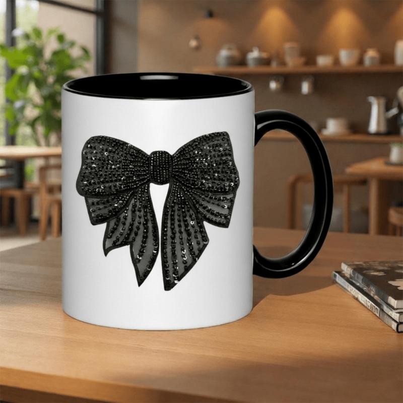 Tailorly Black Accent 11 oz Mug - sparkling black bow glitter embellished