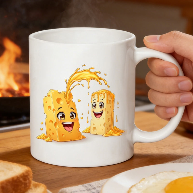 Tailorly White Ceramic 11 oz Mug - Two Cheerful Cartoon Cheese Characters Splashing Golden Melted Liquid Together Cheese