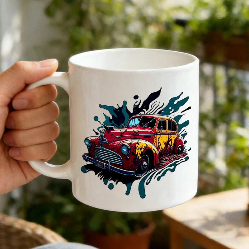 Tailorly White Ceramic 11 oz Mug - Classic Vintage Red Automobile With Artistic Paint Splatter And Retro Styling Car