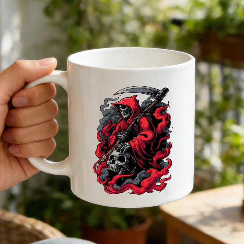 Tailorly White Ceramic 11 oz Mug - Dark Hooded Figure Holding A Sharp Scythe Amidst Swirling Red Smoke Grim Reaper
