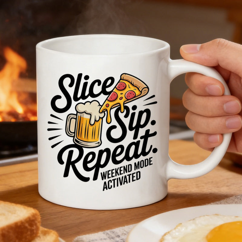 Tailorly White Ceramic 11 oz Mug - Slice Sip Repeat Weekend Mode Activated Delicious Pepperoni Pizza Slice Dripping Into A Foaming Mug Of Cold Beer Mug