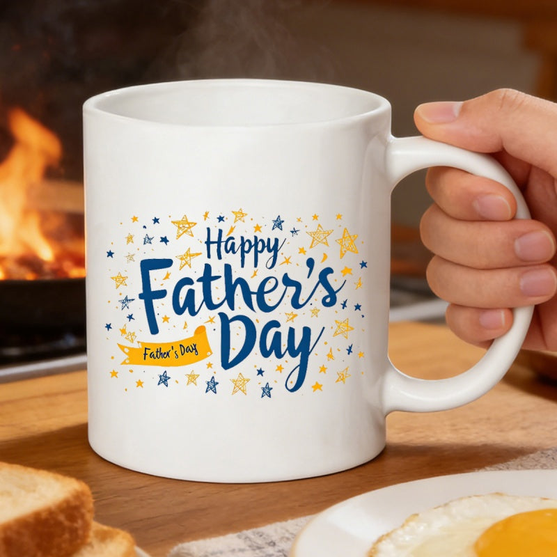 Tailorly White Ceramic 11 oz Mug - Happy Father's Day Festive Stars With Decorative Banner Floating Around Artistic Script Pattern