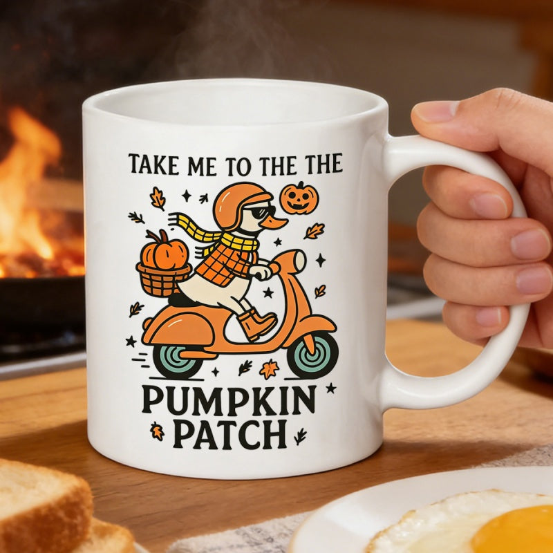 Tailorly White Ceramic 11 oz Mug - Take Me To The The Pumpkin Patch Charming Cartoon Duck Riding An Orange Vintage Scooter With Autumn Pumpkins Duck
