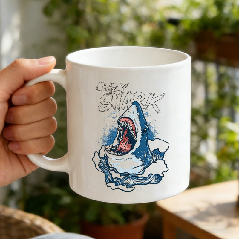 Tailorly White Ceramic 11 oz Mug - Shark Fierce Great White With Open Jaws Emerging From Stylized Blue Ocean Shark
